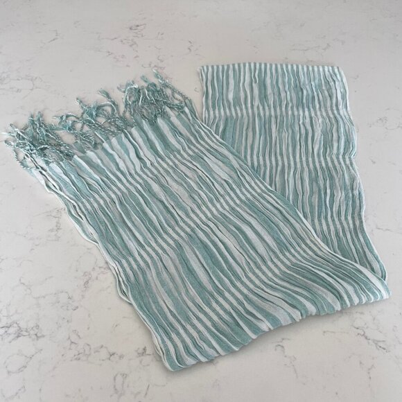 Lightweight Striped Scarf w Rustic Fringed Ends Soft Pastel Green + White OS - Picture 3 of 9